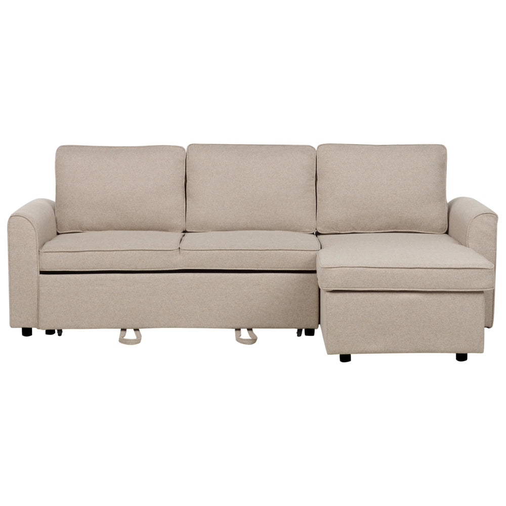 Divano letto ad angolo imbottito in tessuto beige versione sinistra con contenitore classico