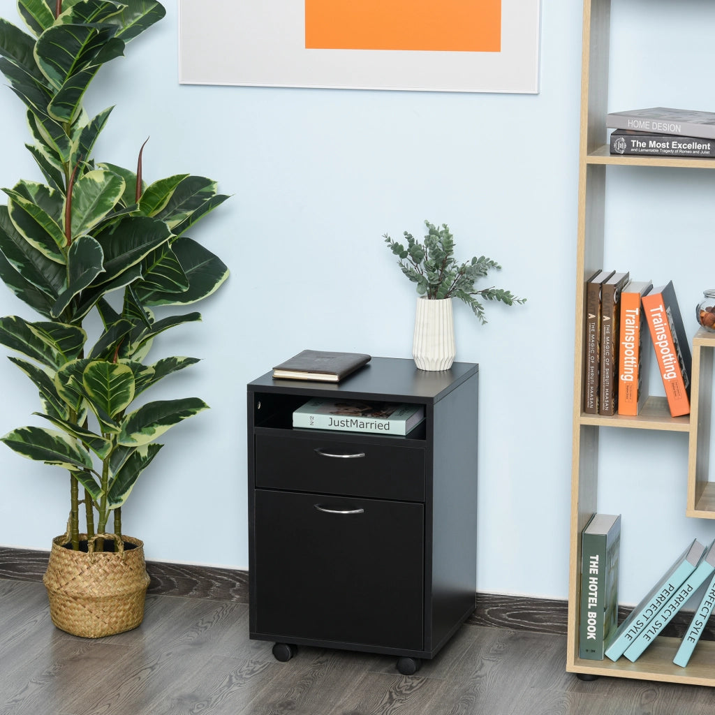 EasyComfort Schedario da Ufficio con Cassetto, Armadietto, Ruote a Freno e Ripiano Aperto, Cassettiera Ufficio per Lettera/Legale/Formato A4, Armadio Verticale per Studio, 40x35x60 cm, Nero