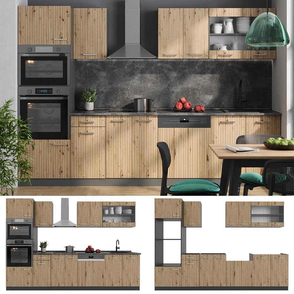 Cucina componibile R-Line Rovere artigianale/Antracite 300 cm con armadio alto, PL Antracite Vicco