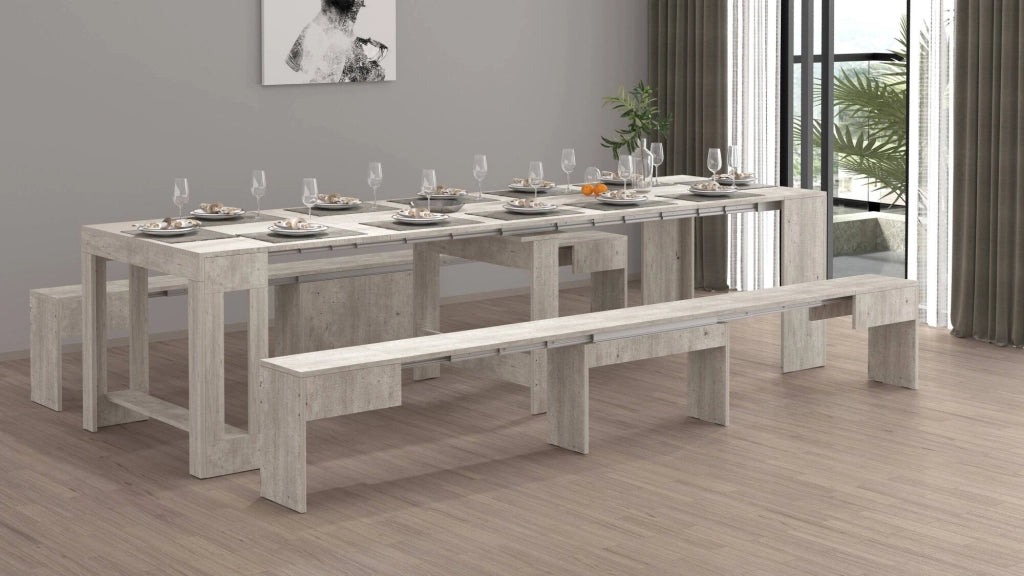 Panca Quedan, Set di 2 sedute per tavolo da pranzo, Panche allungabili, 290x25h45 cm, Cemento