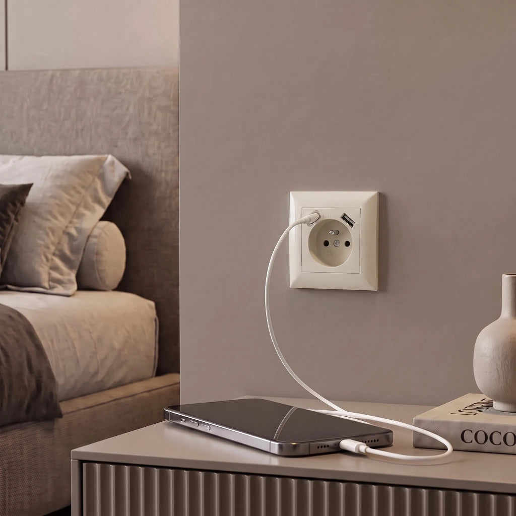 Presa Singola Con Messa A Terra + Usb-a Usb-c Oste Jnh004-g Beige