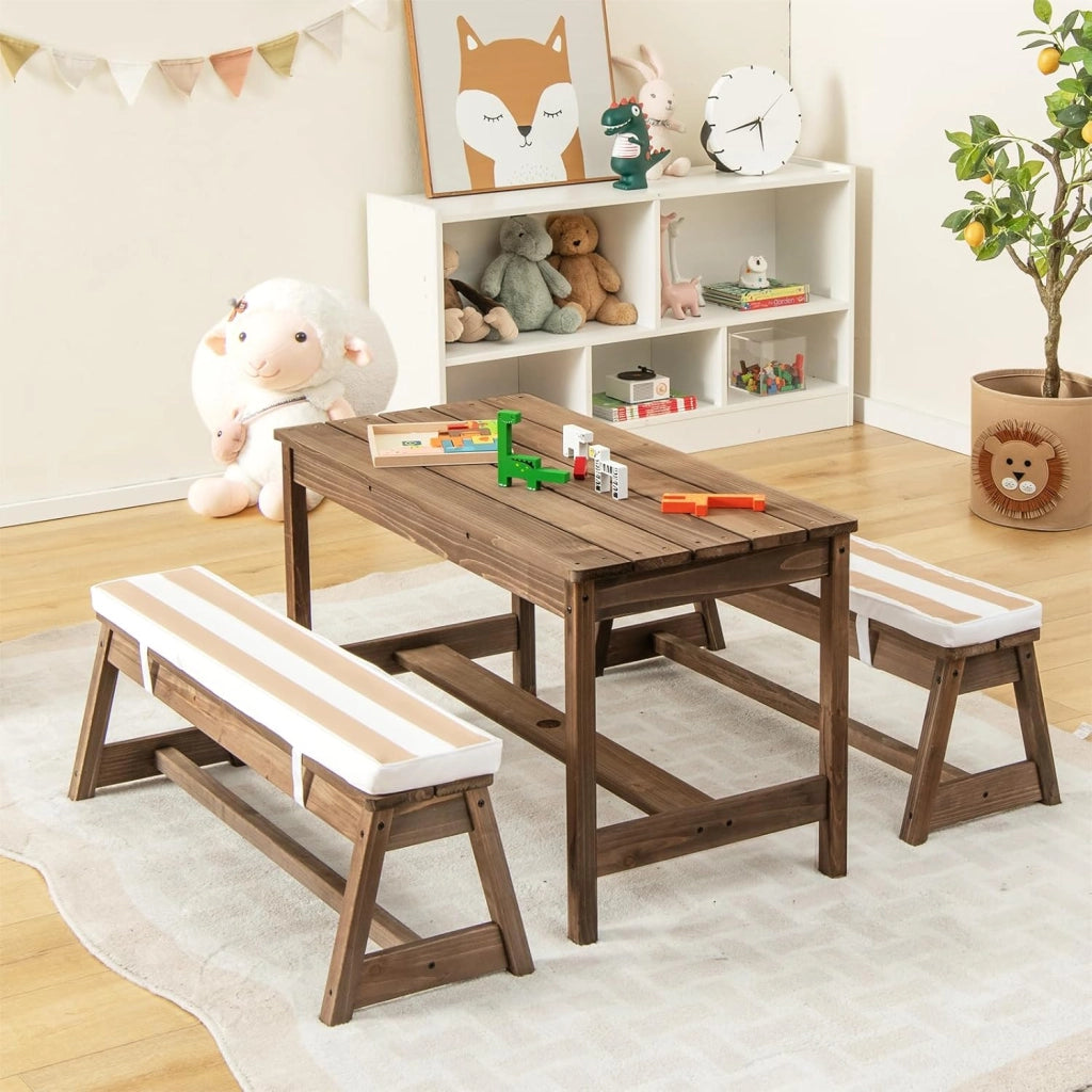 Set di Tavolo Picnic per Bambini con Ombrellone Regolabile, Panche per Bambini in Legno di Abete con Parasole e Cuscini Morbidi, Tavolo e Panchine Pranzo da Giardino e Parco (Marrone)