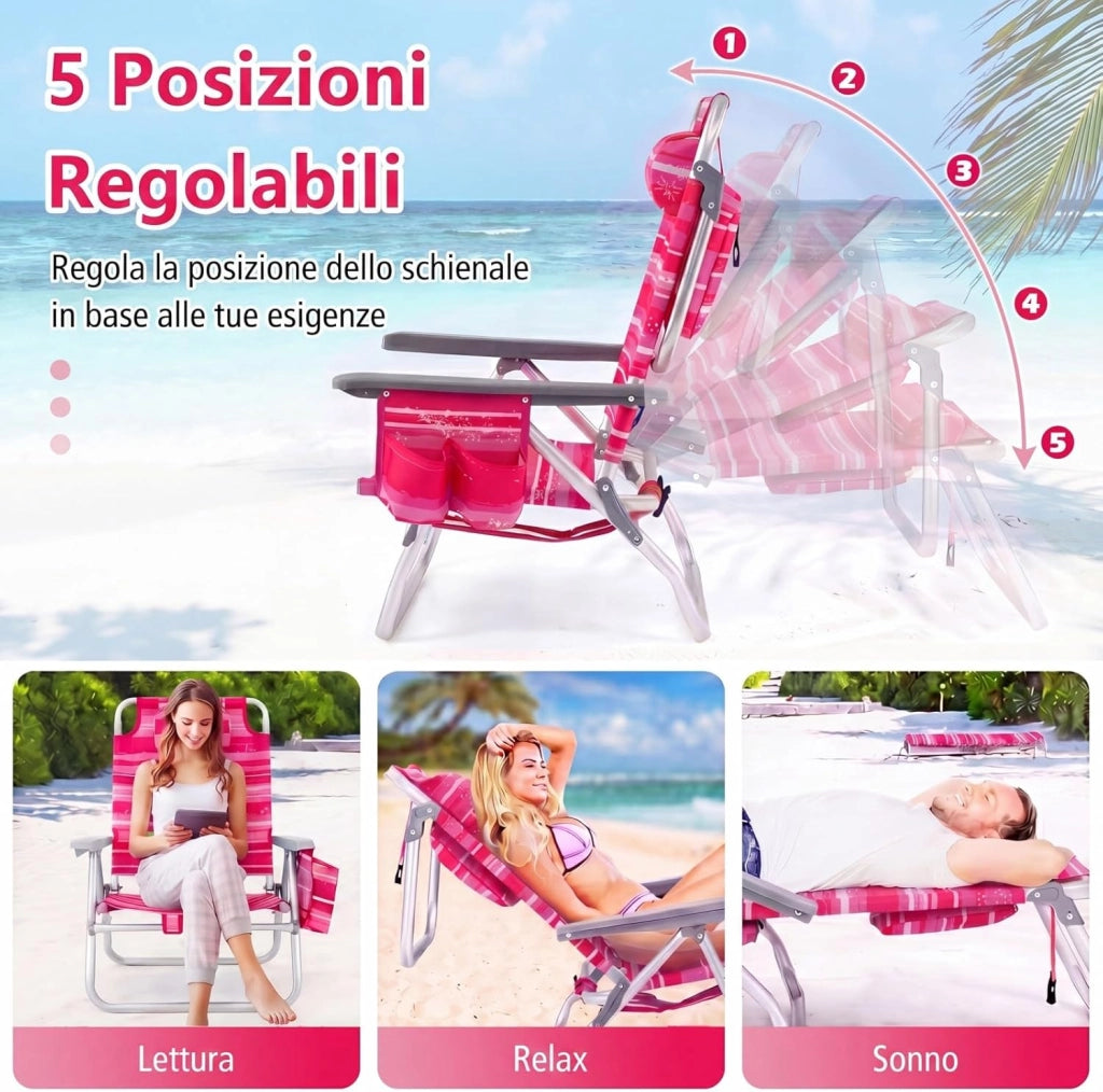 Set di 2 Sedie e Tavolino da Spiaggia Pieghevole, Schienale Regolabile a 5 Livelli, con Portatesta, Borsa Portaoggetti, Borsa Termica, per Campeggio Picnic Esterno (Rosa Scuro, Modello 2)