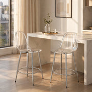 Sgabello da bar 2 pezzi con schienale ergonomico e poggiapiedi, in Metallo e Plastica, Argento e Trasparente