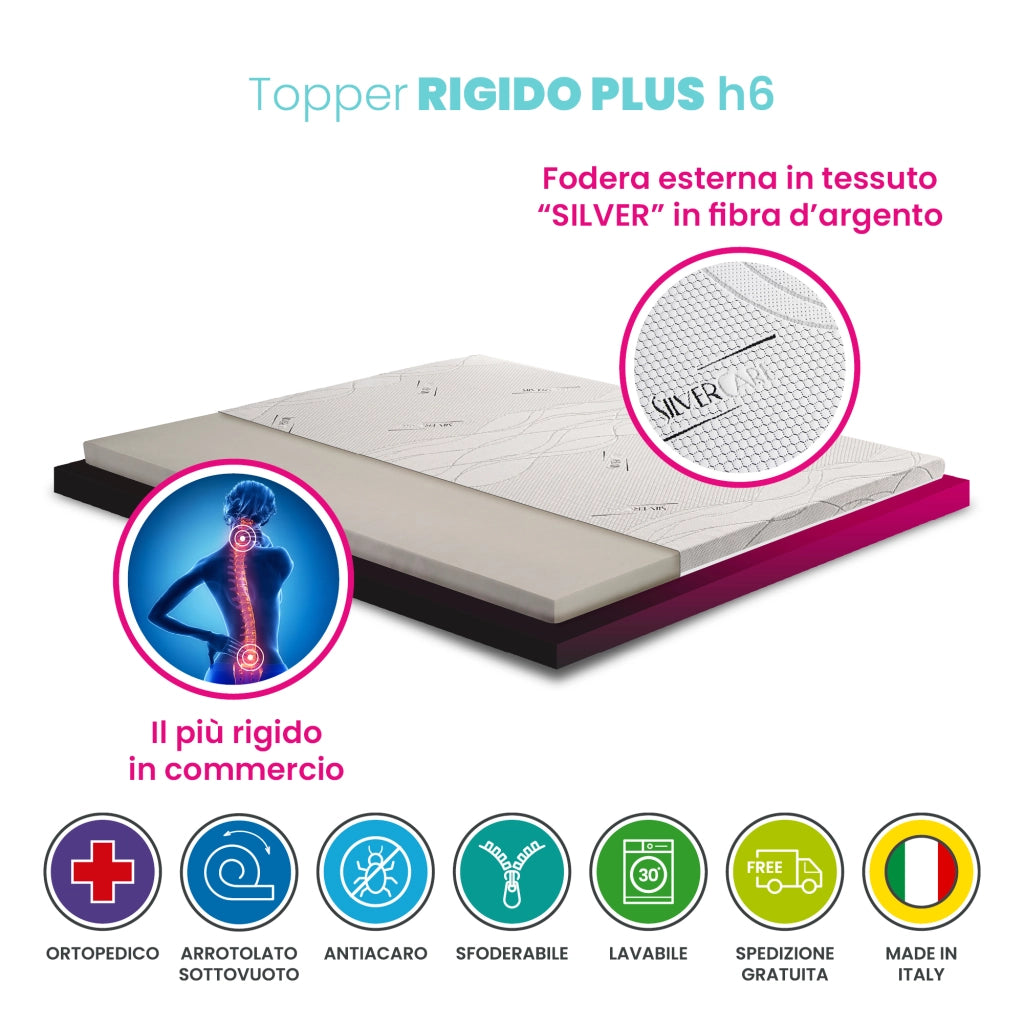 Topper materasso, sovra materasso MOLTO RIGIDO, correttore ortopedico materasso CAUCCIU FOAM H6 cm, tessuto anallergico sfoderabile, 4 lati in ARGENTO - ORTOPEDIC piazza e mezza 120x190