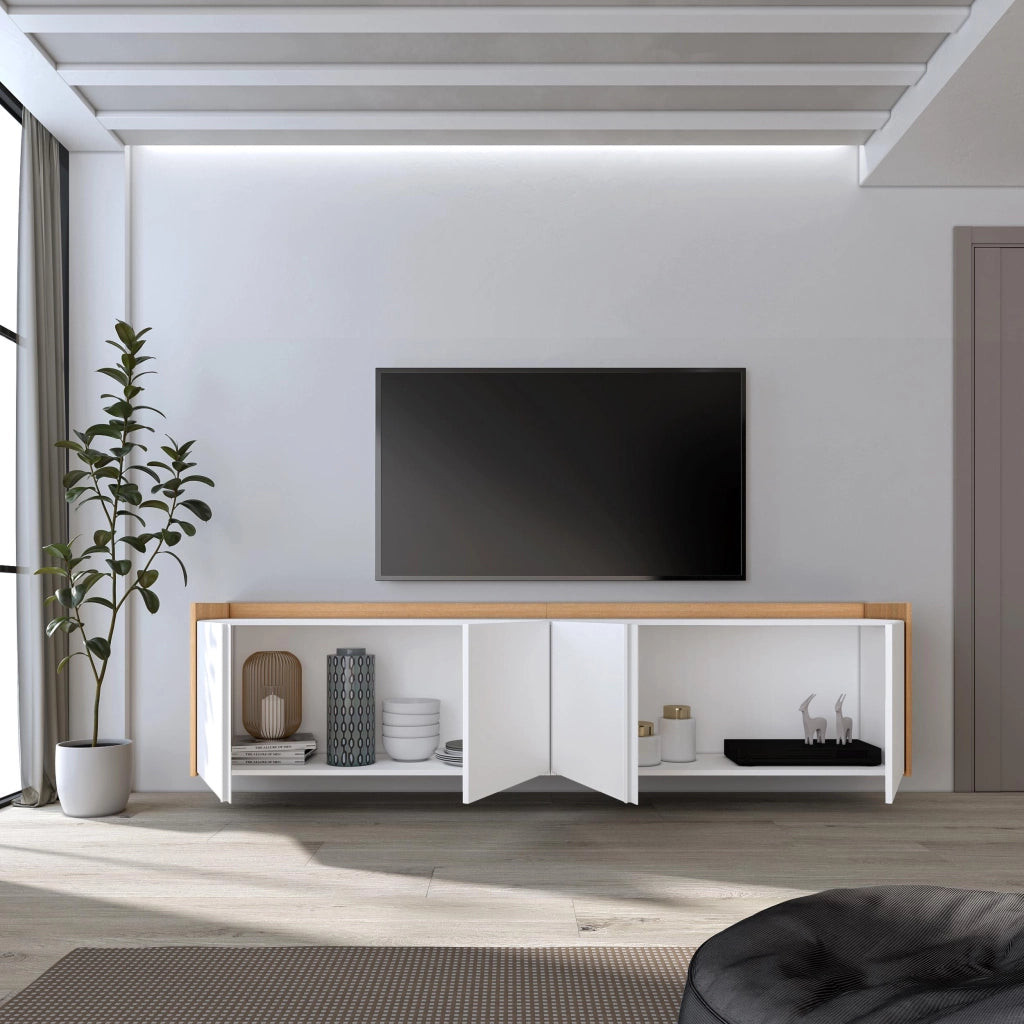Mobile TV Soggiorno, 207x50x35 cm, Per TV fino a 80", Sospeso, da appendere, Bianco e Rovere soft
