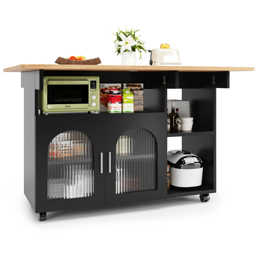 Carrello da Cucina con Piano Ribaltabile; 2 Vani Chiusi; Ripiani Aperti e Ruote; in MDF e Vetro; 120x30x79.5 cm; Nero e Naturale