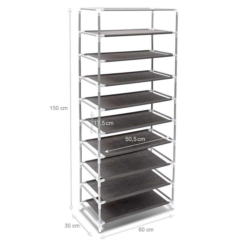 Scarpiera Salvaspazio 10Ripiani 36Paia Struttura Metallo Tessuto TNT 60x30 H150cm Grigio