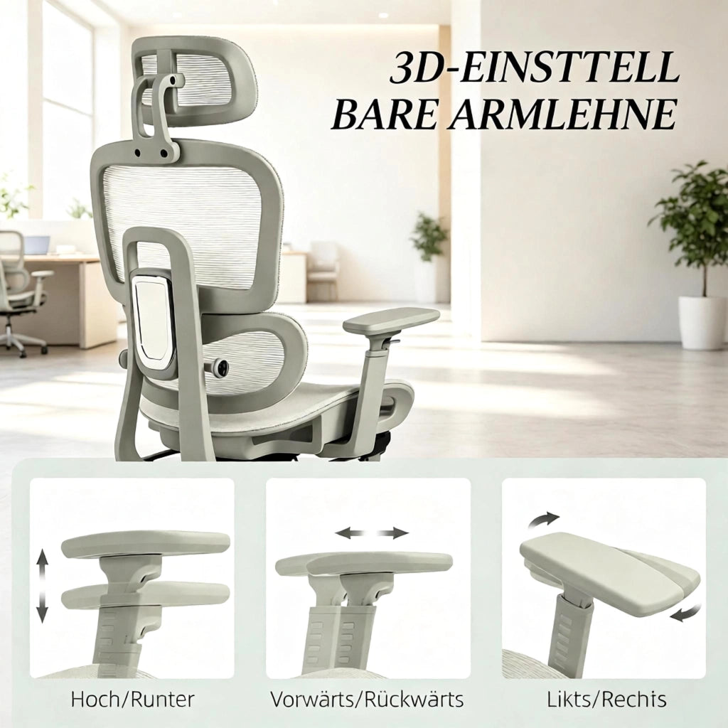 Sedia da ufficio ergonomica in mesh con poggiatesta regolabile, supporto lombare e poggiapiedi beige