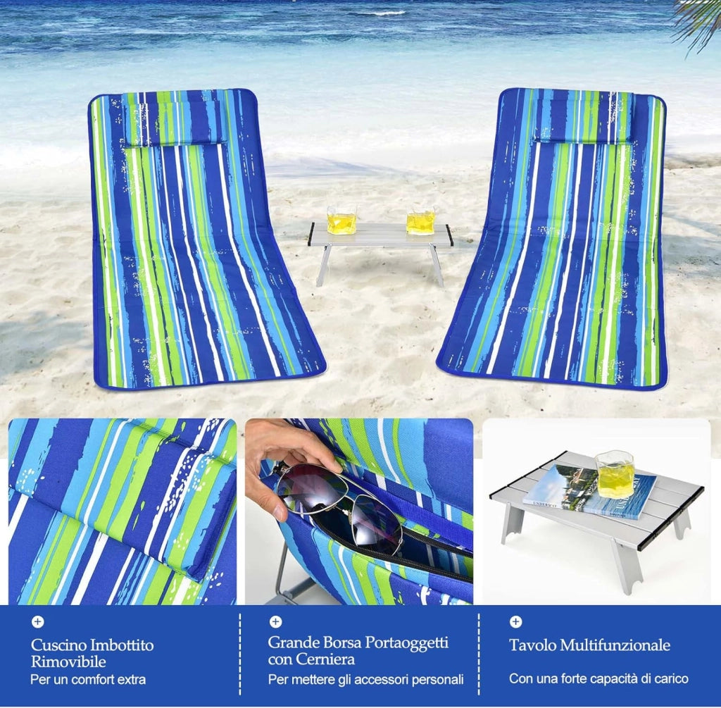 Set 2 Sdraio da Spiaggia con Tavolino, Tappettino Spiaggia Pieghevole con Schienale Reclinabile, Poggiatesta e Tasca Posteriore, Portatile con Manico, per Giardino e Campeggio (Blu + verde)