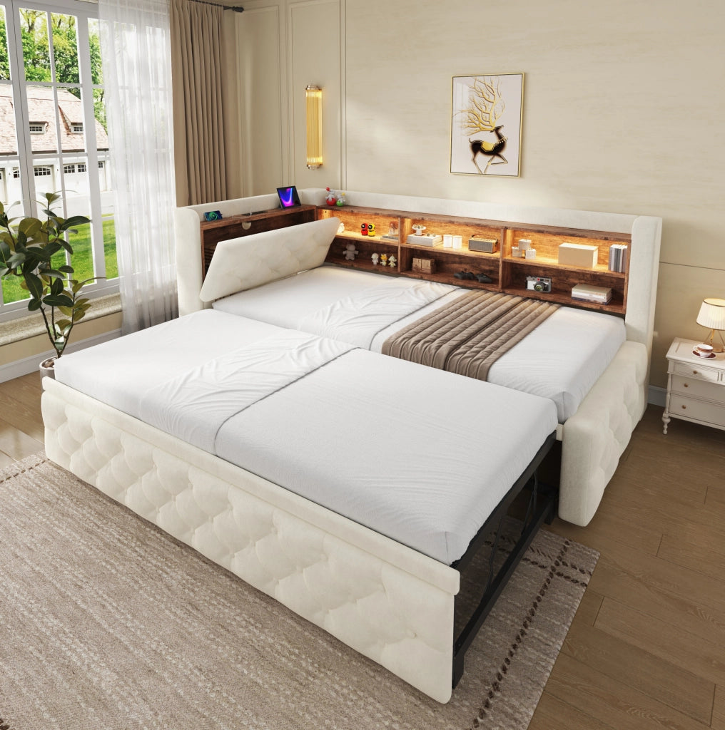 Divano letto 90x190 cm estraibile con contenitore; LED; USB e Type-C in velluto beige