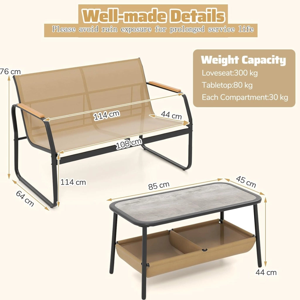 Set di Mobile da Giardino in 2 Pezzi, Set Tavolo e Sedie da Balcone in Tessuto Textilene, Set da Bistrò con Divanetto 2 Posti e Tavolino con 2 Scomparti di Stoccaggio, per Veranda, Marrone
