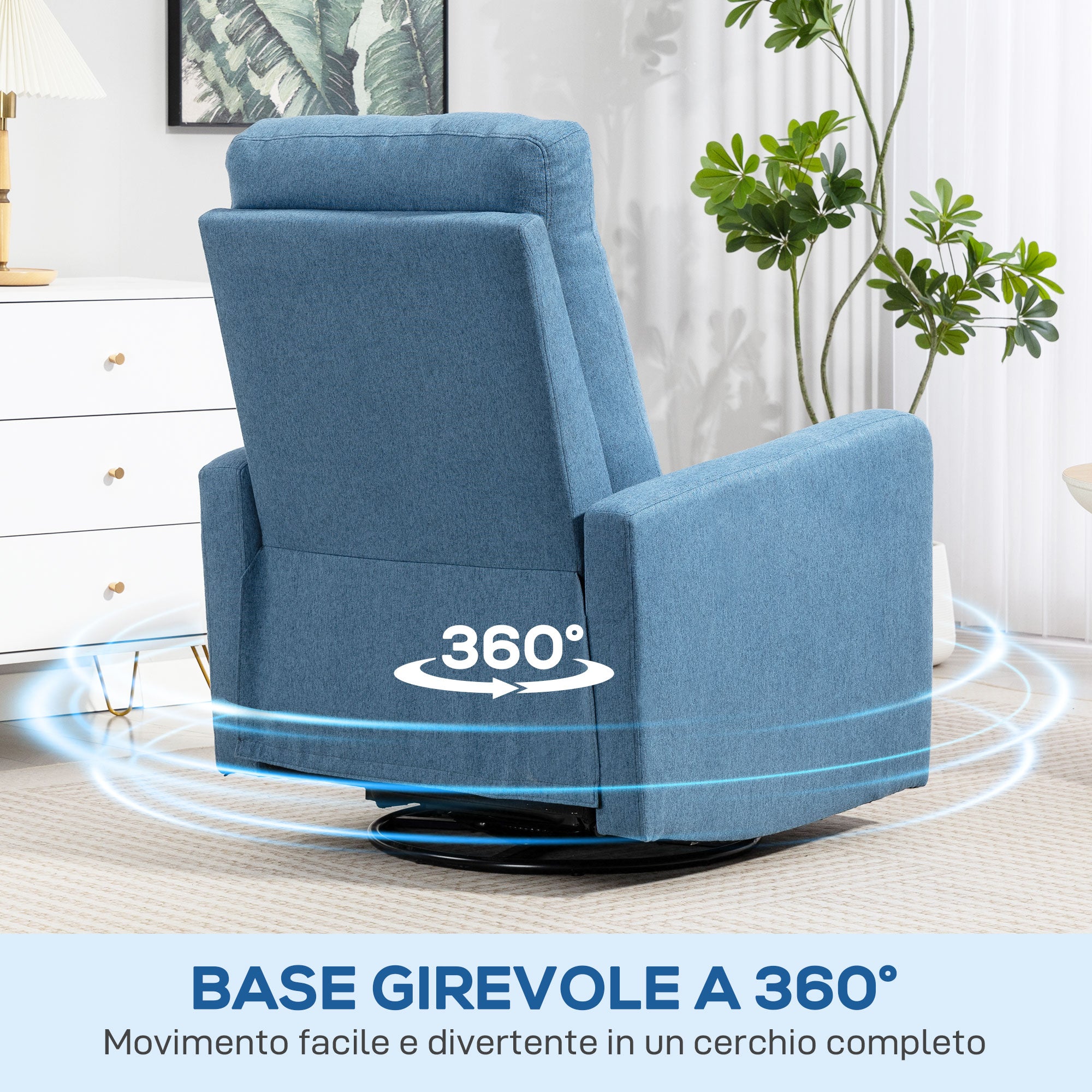 Poltrona Relax Reclinabile Manualmente a 135° Girevole a 360° con Funzione Dondolo Blu