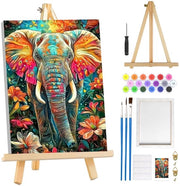 Kit di pittura per principianti - Sfumatore per bambini - Pittura di elefanti - Pittura di fiori - Kit di pittura ad olio DIY - Incluso cavalletto in legno - Tela 20 x 20 cm