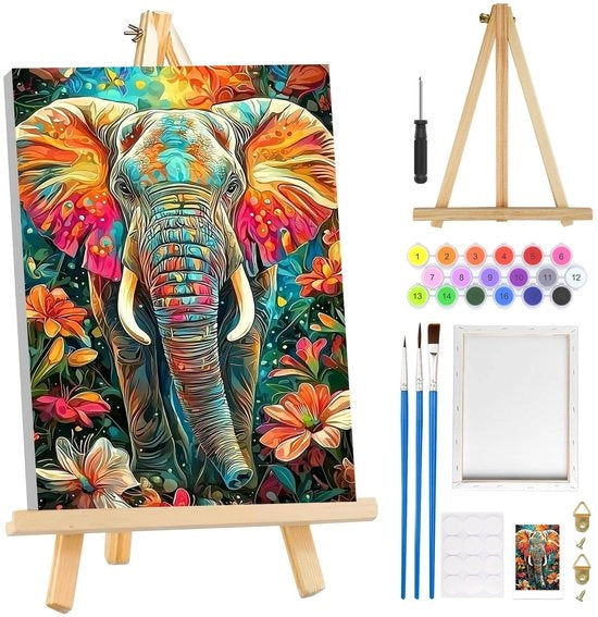Kit di pittura per principianti - Sfumatore per bambini - Pittura di elefanti - Pittura di fiori - Kit di pittura ad olio DIY - Incluso cavalletto in legno - Tela 20 x 20 cm