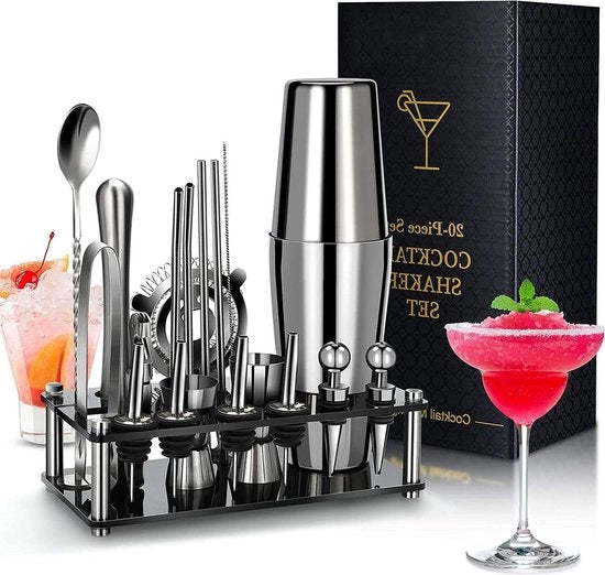 Kit da Barman professionale 20 pezzi con supporto in acrilico e libro di ricette di cocktail