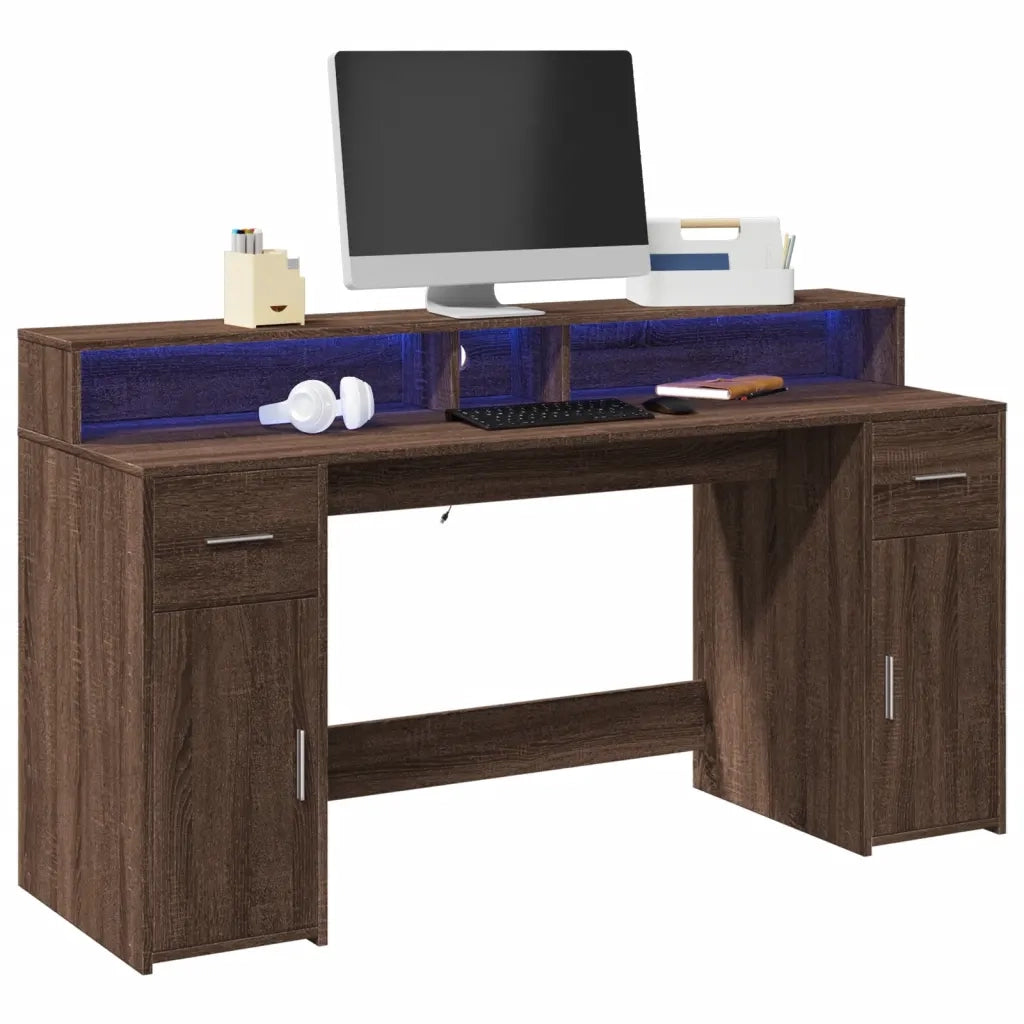 Scrivania con Luci LED Marrone Rovere 160x55x91 cm Multistrato 3309435