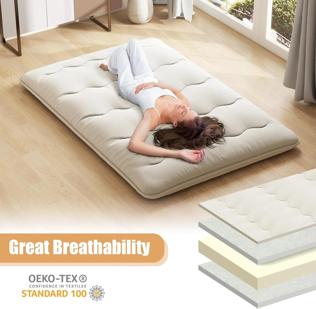 Materasso da pavimento Futon giapponese, tappetino Tatami pieghevole e portatile, materasso pieghevole con borsa per il trasporto e fodera rimovibile (beige, 140 x 200 cm)