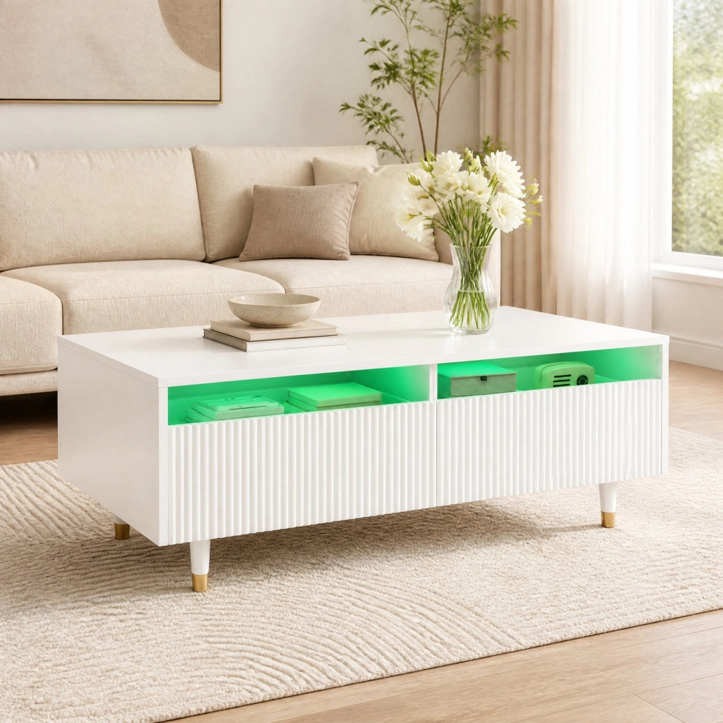Tavolino da caffè LED bianco con 2 cassetti, 110x50x40 cm