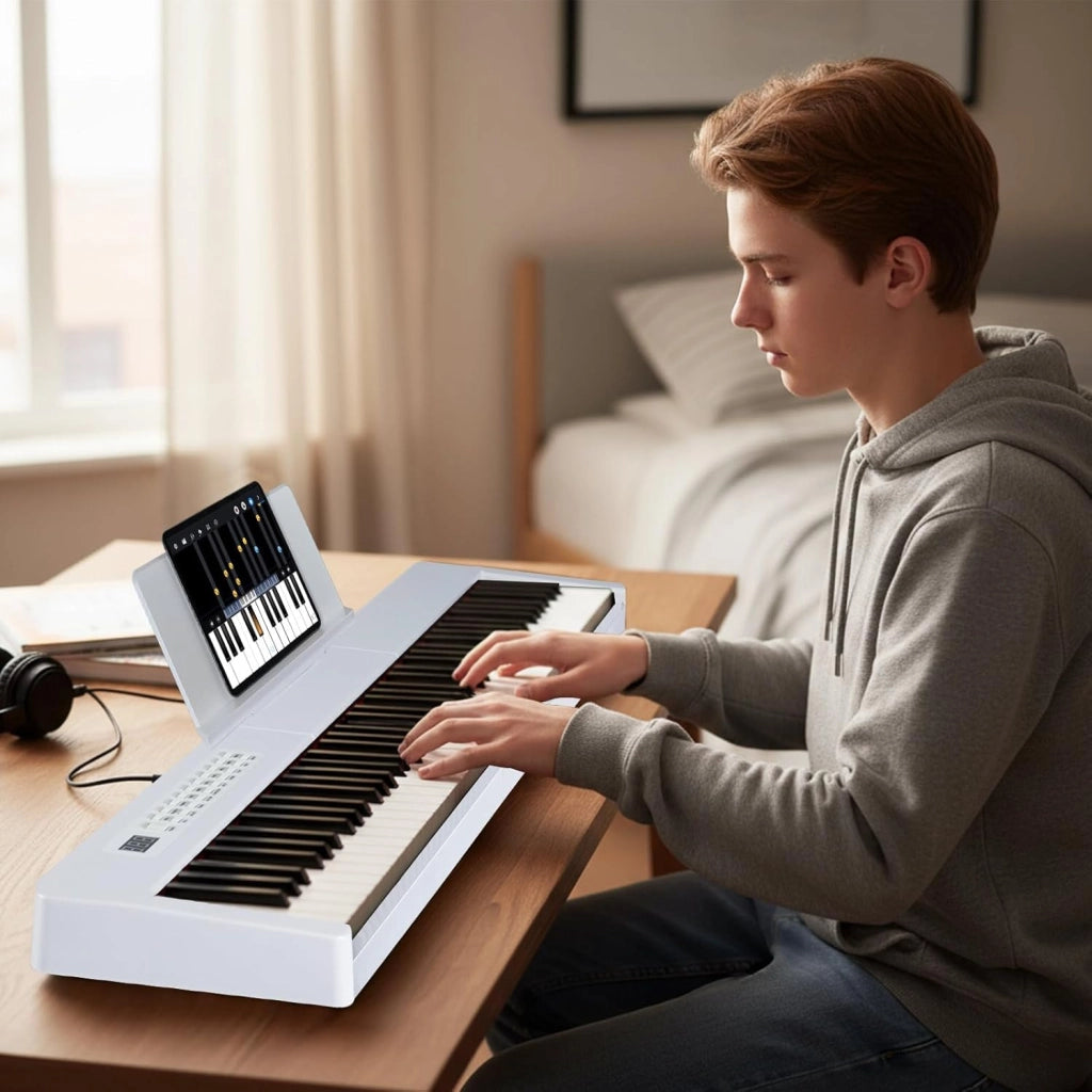 Pianoforte digitale a 88 tasti, tastiera per pianoforte con 380 suoni, 128 ritmi, 88 demo, MIDI, pedale, pianoforte elettrico portatile con supporto per musica, borsa da trasporto (bianco)