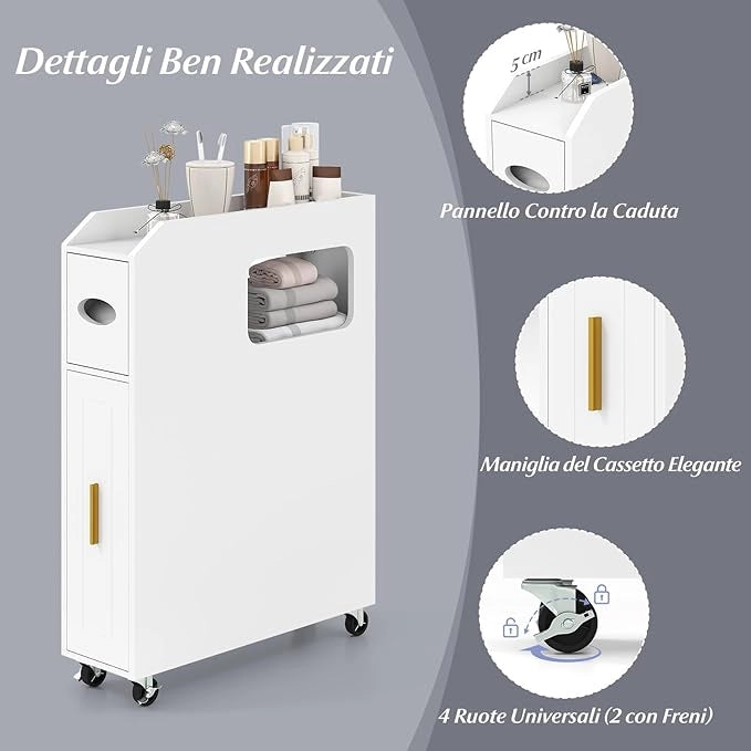 Credenza da Bagno Piccolo, Mobile Salvaspazio Stretto e Slim con Cassetto Scorrevole, Porta Fazzoletti, Portascopino e Ruote Bloccabile, Armadietto per Spazi Ridotti (Bianco)