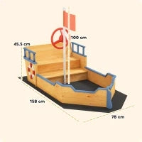 Sabbiera per Bambini in Legno a Forma di Nave dei Pirati con Vano Contenitore, 158x78x45.5 cm
