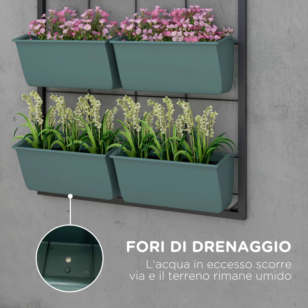 Orto Verticale da Parete a 4 Livelli con 8 Vasi, in Acciaio e Plastica, 52x14x90 cm, Verde Scuro e Nero