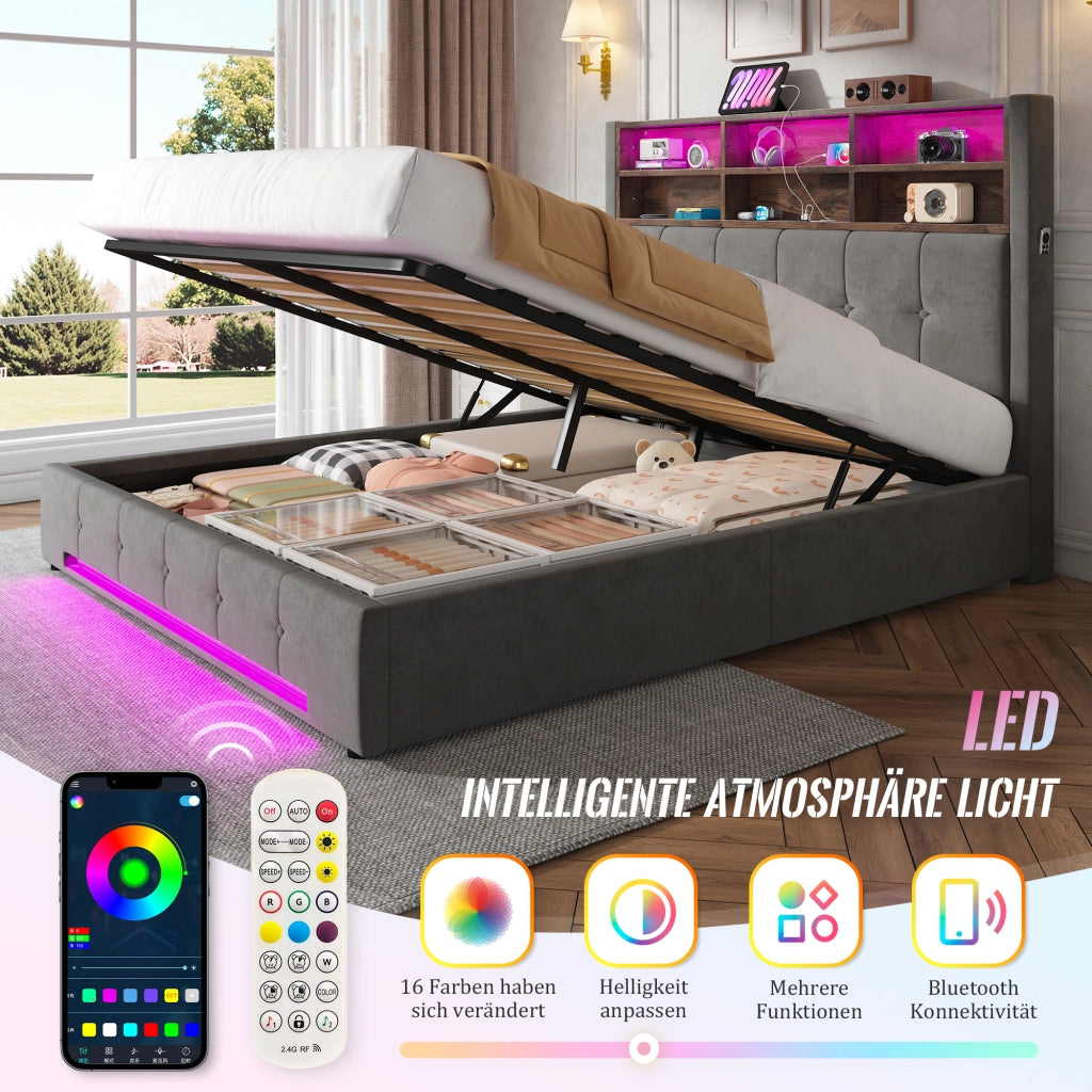 LETTO Contenitore 160x200 cm in velluto grigio scuro con LED e USB-C
