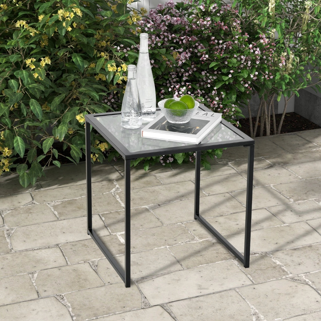 Tavolino da esterno quadrato 43cm con piano in vetro temperato e struttura in metallo, Tavolino da giardino