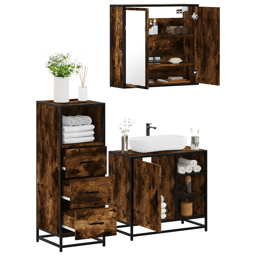 Set Mobili da Bagno 3 pz Rovere Fumo in Legno Multistrato