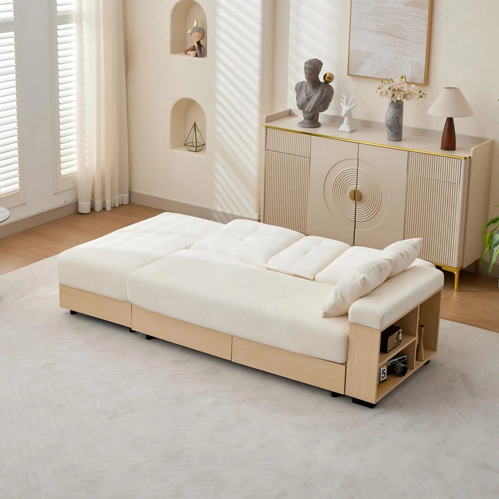 Divano letto con schienale reclinabile, spazio contenitore e portabicchieri, in chenille beige 217 × 110 × 90 cm