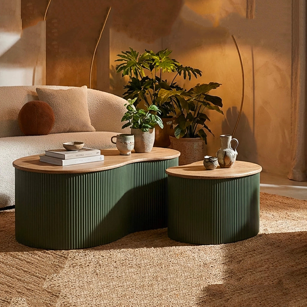 Kashan, Tavolino da Salotto set da 2, 37x58x92h cm Marrone Rovere