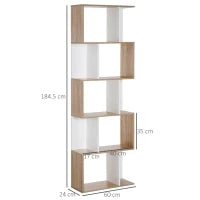 Scaffale Libreria a 5 Ripiani Suddivisi, Libreria Salvaspazio a Forma di S in Legno, Scaffale Divisorio per Soggiorno, Camera da Letto e Ufficio, 60x24x184.5 cm, Color Legno e Bianco