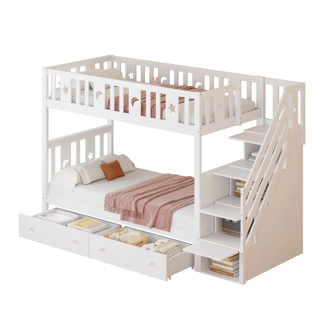 Letto a castello per bambini 90x200 cm con scala contenitore; 2 cassetti e rete a doghe; bianco