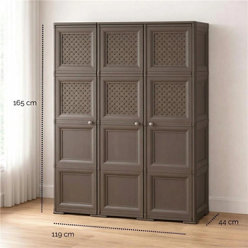 ARMADIO 3 ANTE WENGÉ 118X43X164 CM CON PUNTALI, ANTE TRAFORATE E VANO PORTASCOPA – MOBILE ALTO ORGANIZZATORE PER INGRESSO E RIPOSTIGLIO