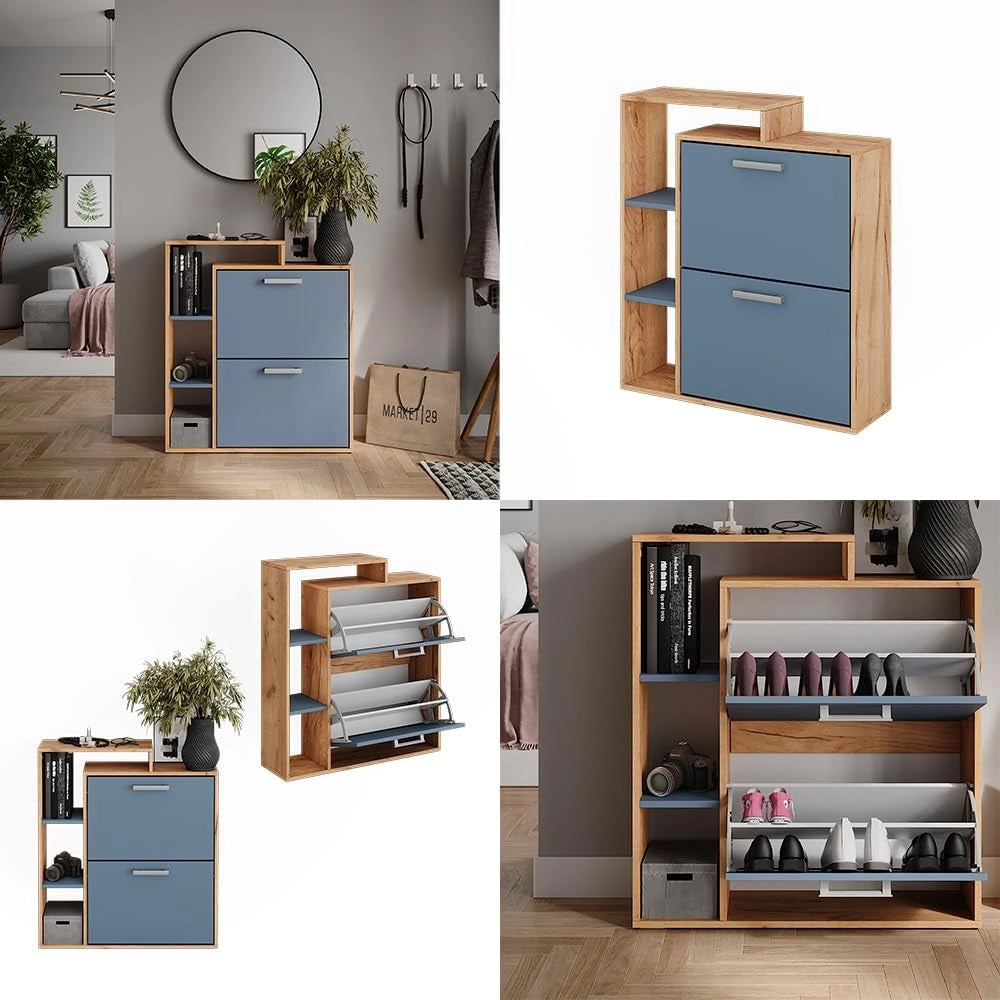 Scarpiera Orlando, Goldkraft rovere/blu, 80 x 90 cm, con due ripiani ribaltabili per riporre le scarpe in modo salvaspazio