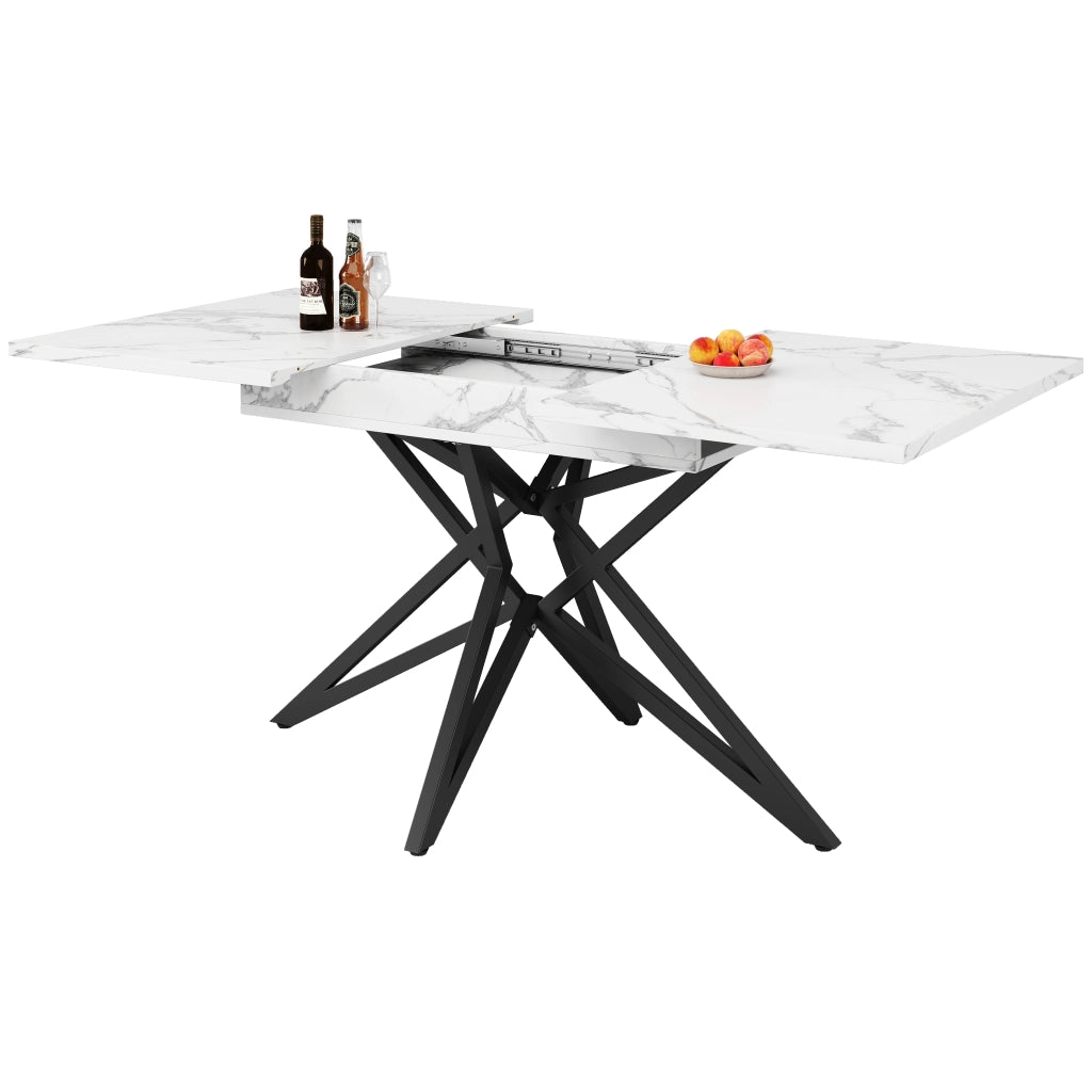 Tavolo da Pranzo Allungabile ¨C MINIMAL ¨C Piano Noce/Effetto Marmo, Gambe in Metallo Nero, 120(160)x80 cm