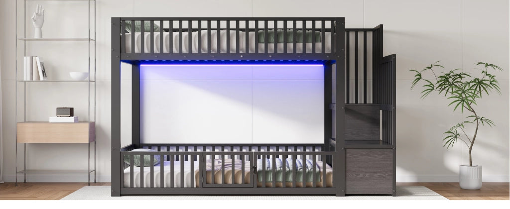 Letto a castello 90x200 cm con scala contenitore e LED, Nero
