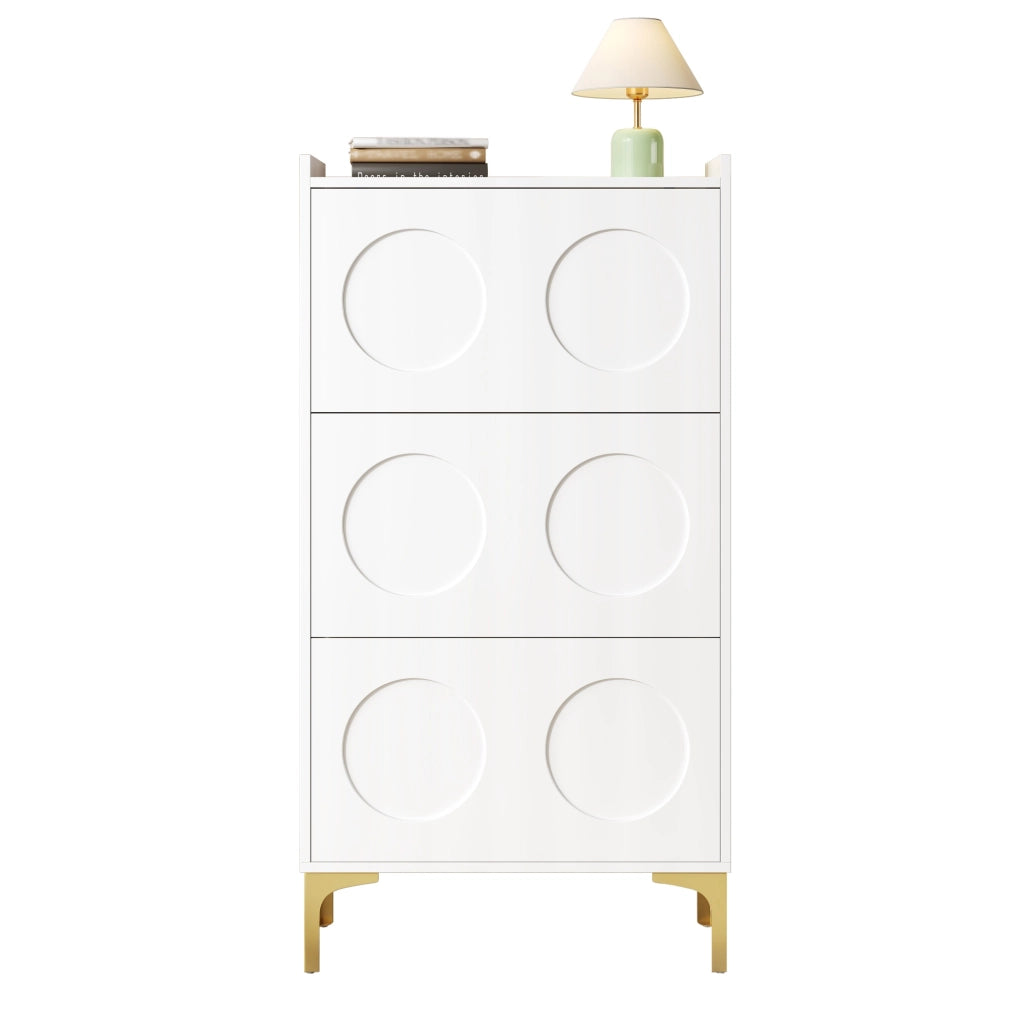 Scarpiera con 3 Scomparti e 6 Elementi in Rilievo; Piedini in Metallo Dorato; Stile Moderno; in MDF; Bianco; 63×24×120 cm