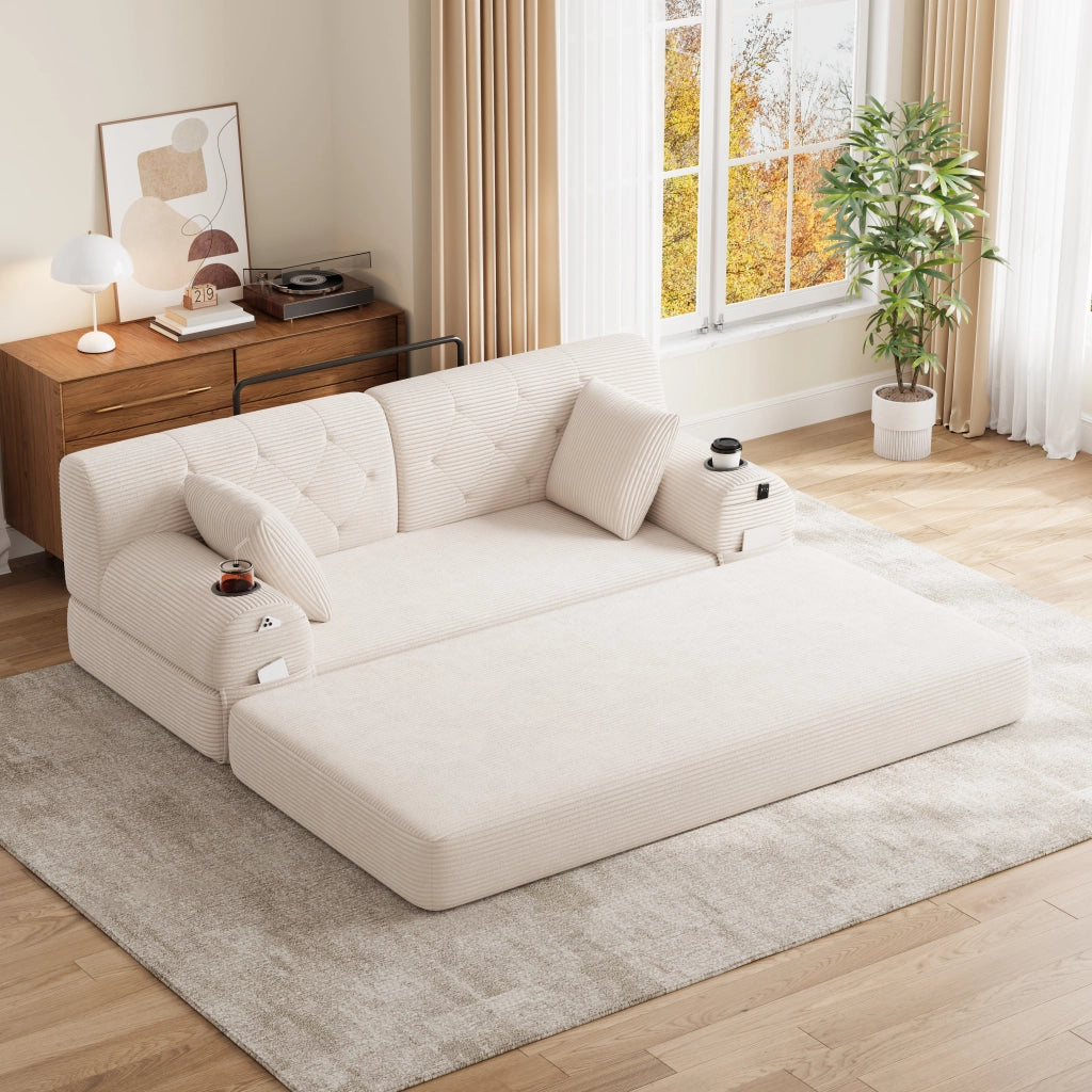DIVANO LETTO 2 POSTI 168 cm Beige in tessuto a coste con schienale alto