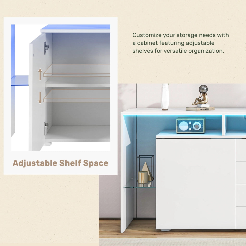 OKWISH Credenza con 2 Ante 4 Cassetti 2 Vani Aperti e LED per Soggiorno Sala da Pranzo, Bianco, 160 x 35 x 70 cm