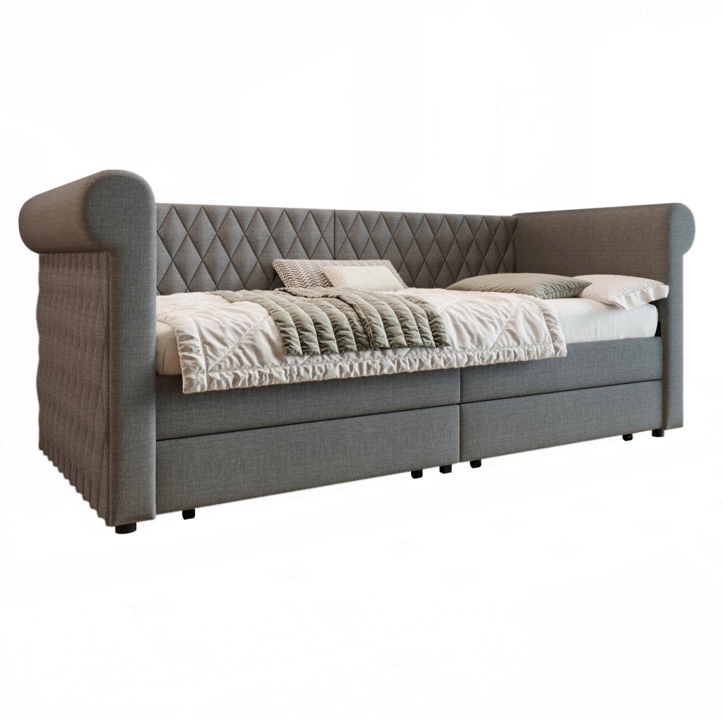 Divano letto daybed 90x200 cm in lino grigio con 2 cassetti; testiera vintage