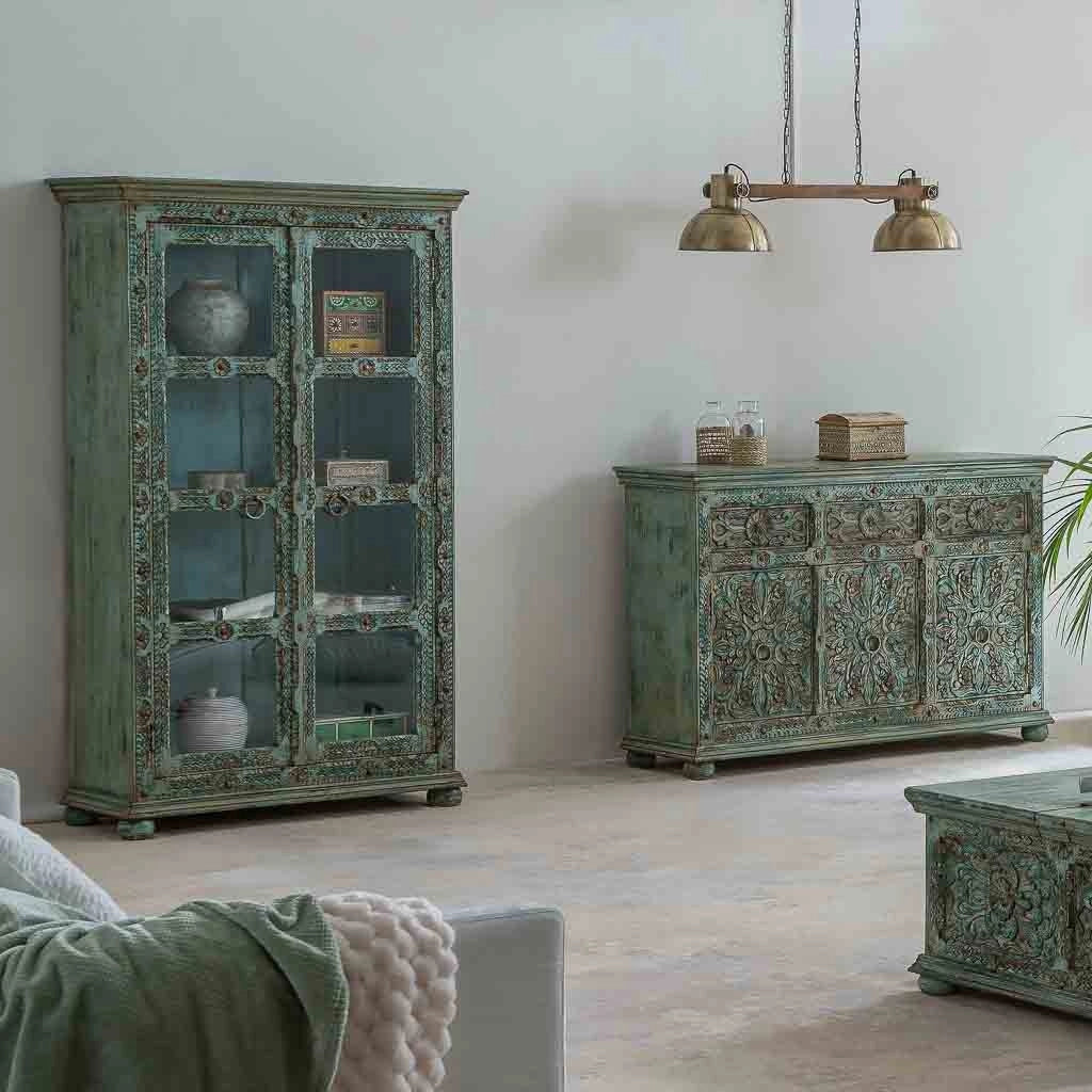 Vetrina in legno intagliato 106x43x180 blu