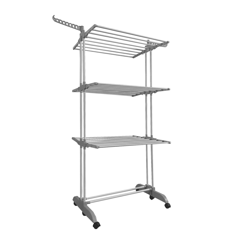 Stendibiancheria XXL Pieghevole Premium Slim Nyana Home | 4 Livelli | Barre in Acciaio | Supporti Laterali per Grucce | Gambe Pieghevoli | 4 Ruote con Freno | Grigio