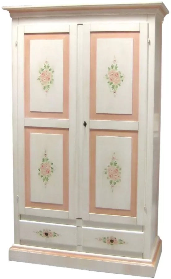 Armadio 2 porte 2 cassetti shabby bianco anticato filo rosa 125x60x200 - Mobili 2G