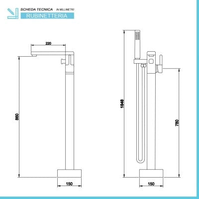 Miscelatore vasca freestanding a pavimento nero opaco quadrato