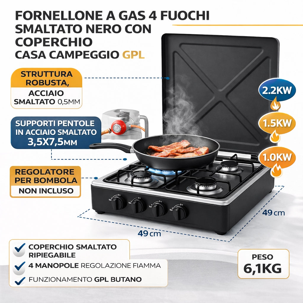 Fornellone a Gas 4 Fuochi Smaltato Nero con Coperchio Casa Campeggio 50x50cm