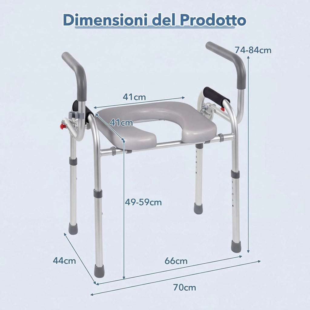 Ringhiera di Sicurezza per WC Portata 136 kg, Barra Bagno con Braccioli Pieghevoli e Supporto Laterale per Doccino, Altezza Regolabile da 49 a 59 cm, Rialzo WC per Anziani e Donne Incinte
