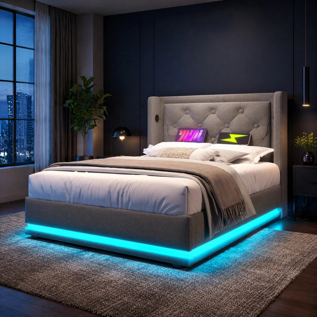 LETTO Contenitore 90x200 cm Grigio in cotone con materasso incluso, USB Tipo C e LED