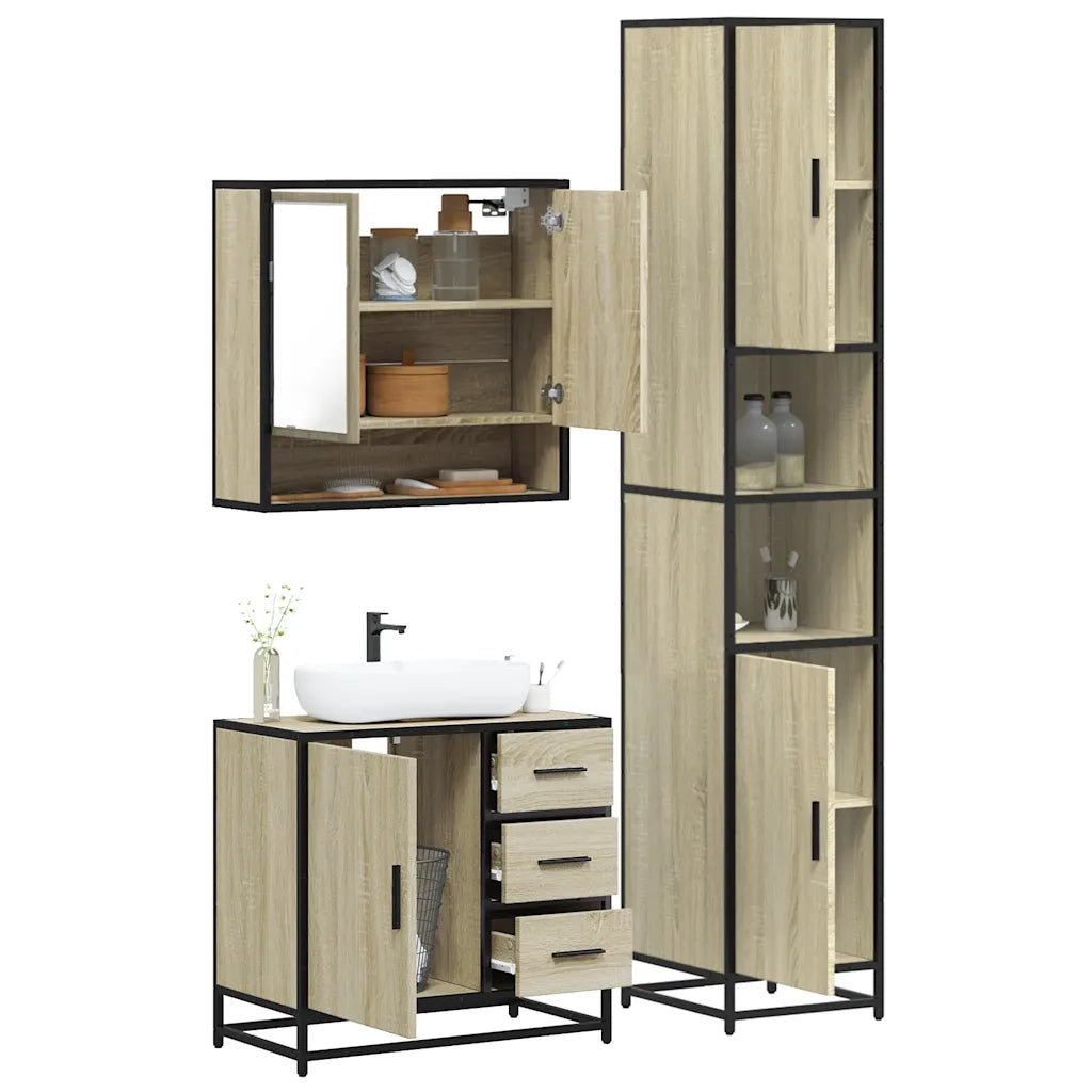 Set Mobili da Bagno 3 pz Rovere Sonoma in Legno Multistrato
